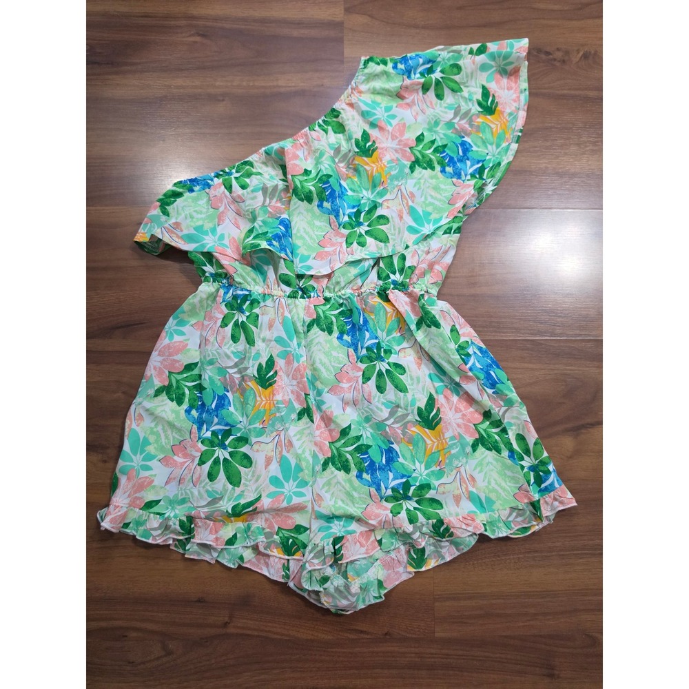 NWT SHEIN Romper Medium Green Tropical Floral One Shoulder Ruffle Playsuit